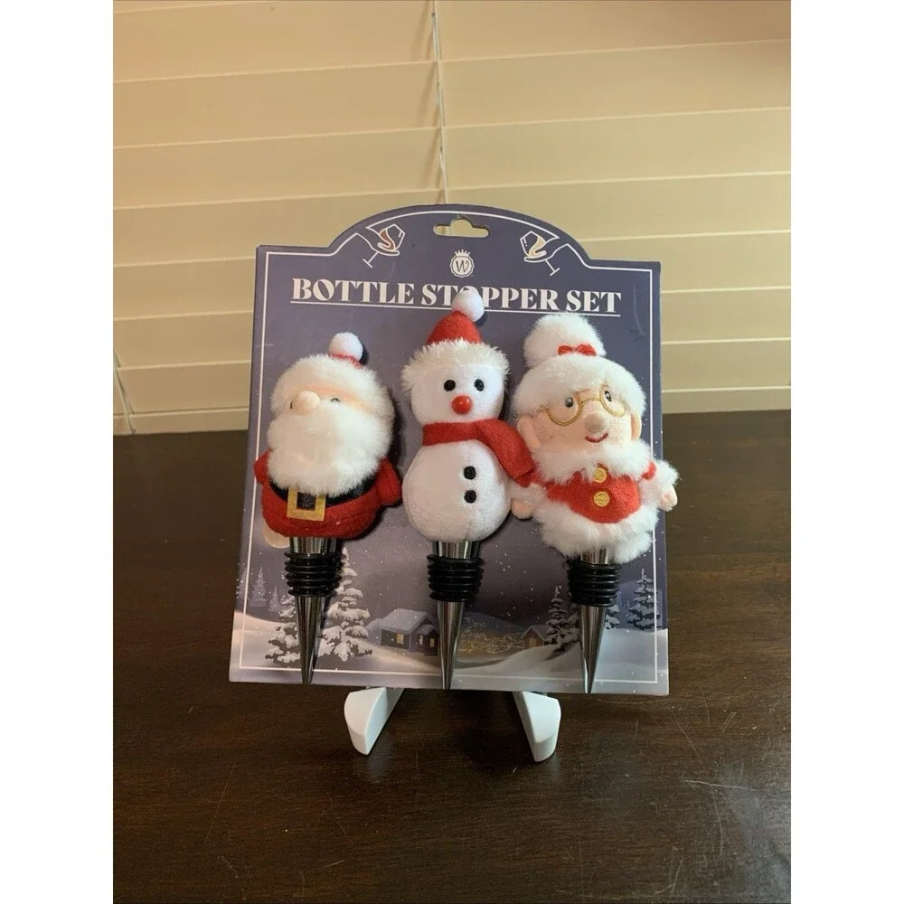 NEW NIB SET OF 3 WINE BOTTLE STOPPERS -- CHRISTMAS SANTA, MRS. CLAUS & SNOWMAN